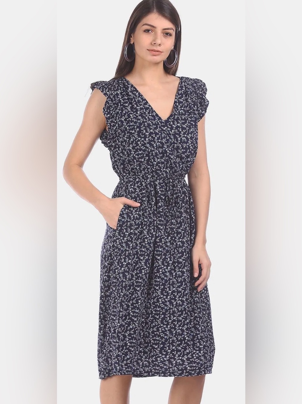 GAP Navy Floral V-Neck Midi Dress with Ruffle Sleeves